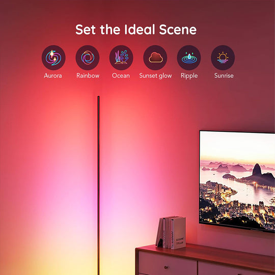 Full-height black RGB corner floor lamp with mood glow