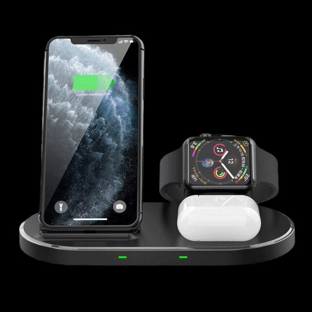 Triad PowerHub with phone, watch, and earbuds charging on black dock