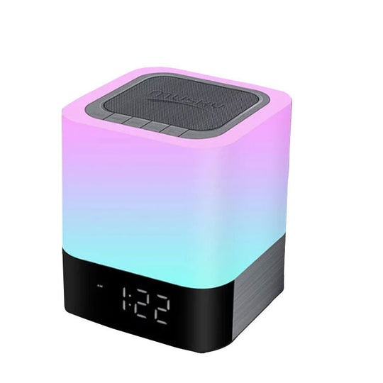 Gradient LED Bluetooth speaker with digital clock and soft pink-to-blue light effect
