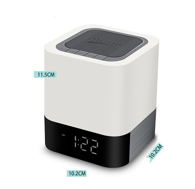 White Bluetooth speaker with LED night light, digital clock.