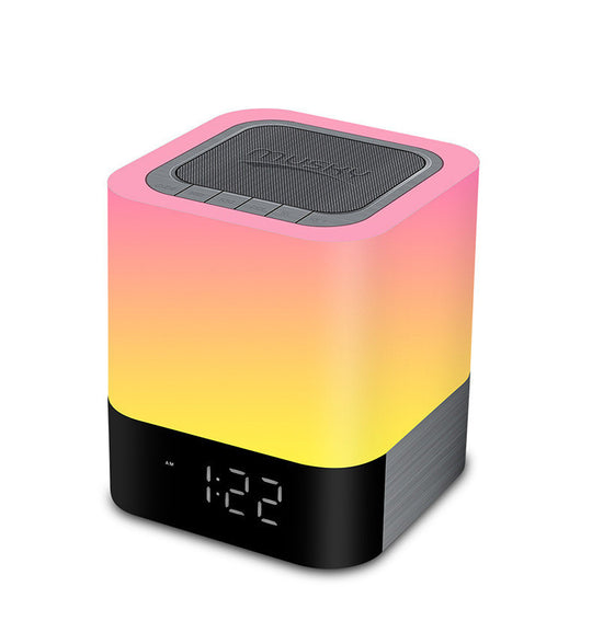 Portable Bluetooth speaker with yellow to pink LED fade and built-in alarm clock
