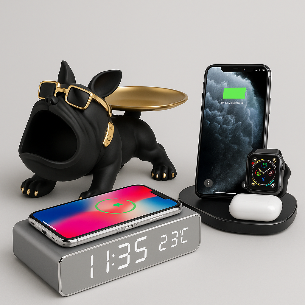 Bulldog valet tray, digital alarm clock with wireless charger, and 3-in-1 charging dock for phone, watch, and earbuds