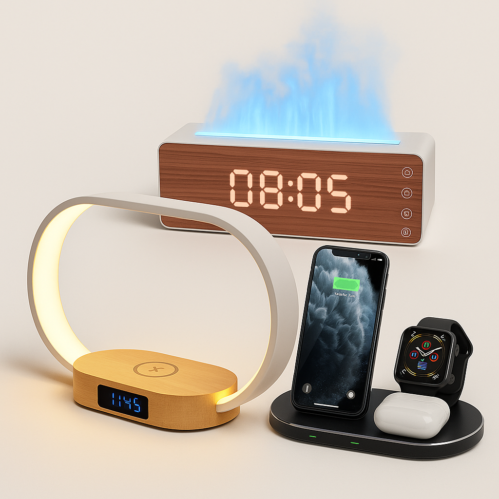 Modern LED lamp, digital clock with flame effect, and 3-in-1 wireless charging station for phone, watch, and earbuds