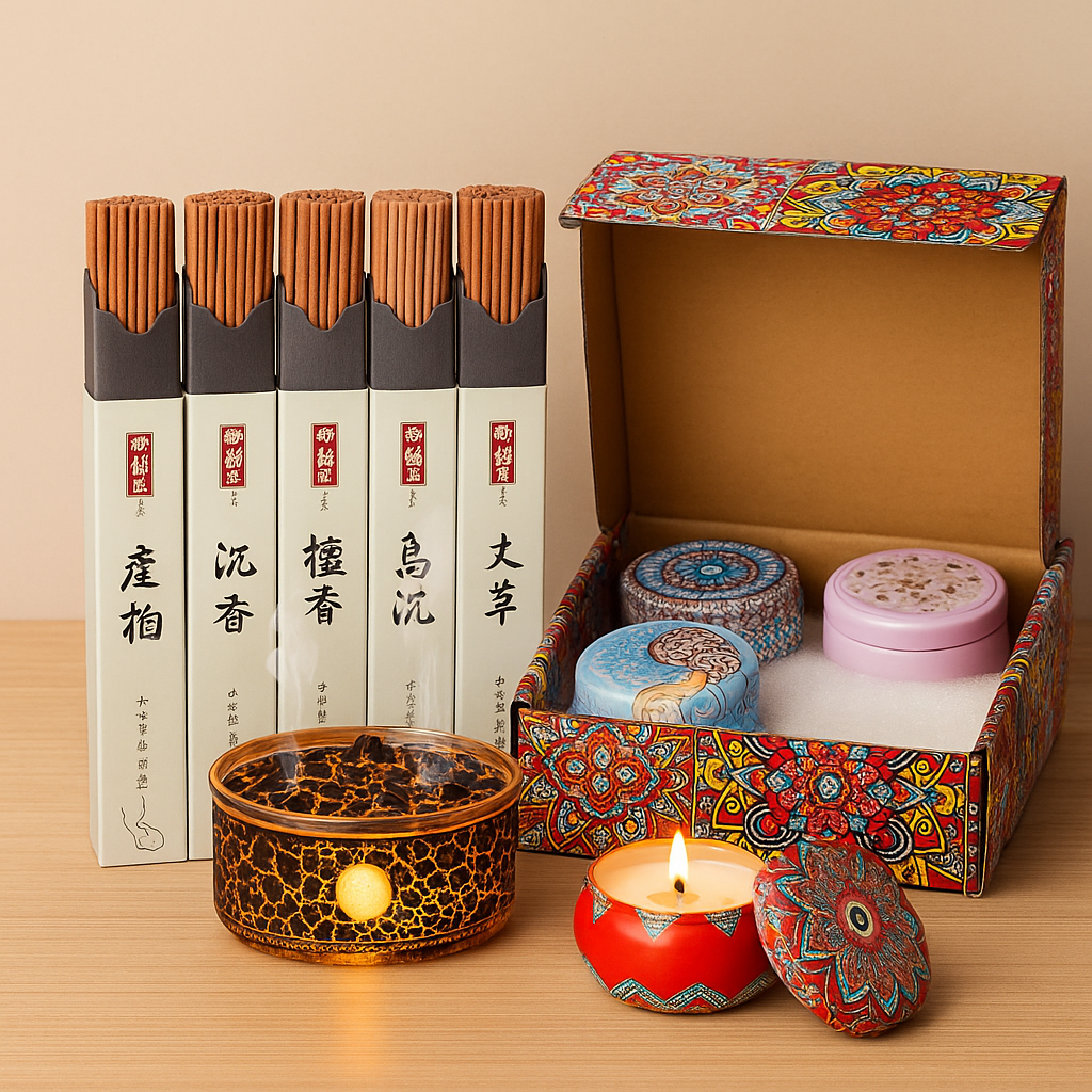 120pc incense stick gift set with burner, candles, and decorative box on table