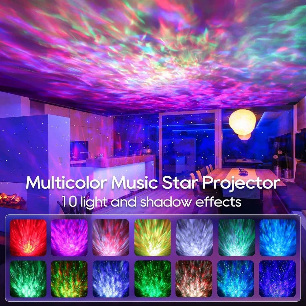 Multicolor music star projector with 10 light and shadow effects displayed on a home interior background.