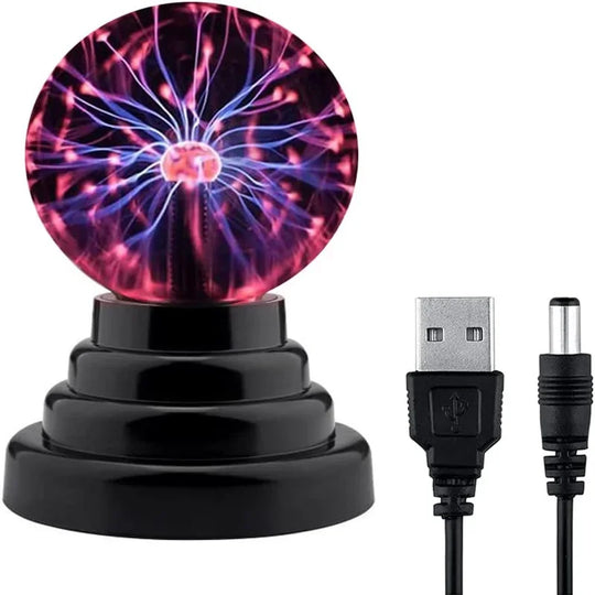 Plasma ball lamp with USB charging cable and detachable black base.