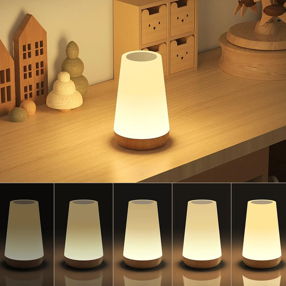 Multiple RGB bedside lamps displayed on wooden shelves in a dimly lit room.