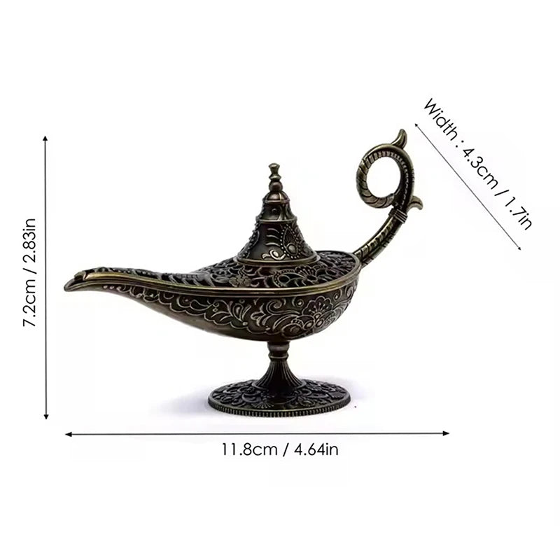 Antique Aladdin’s lamp incense burner with product dimensions displayed, ornate metal construction.