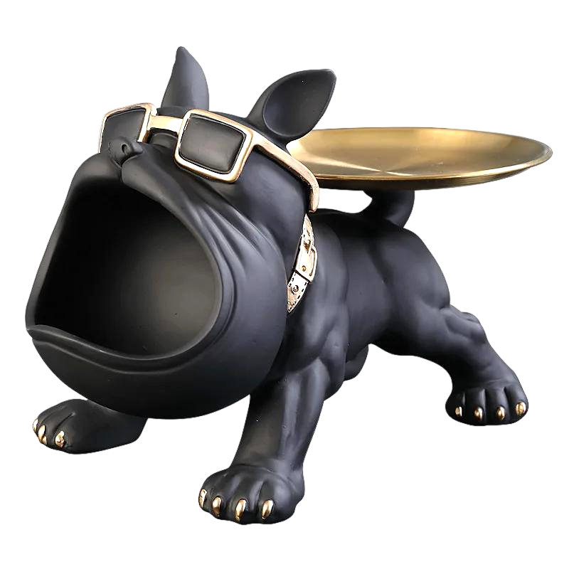 Black bulldog sculpture tray with sunglasses and gold collar used as decorative valet or candy dish