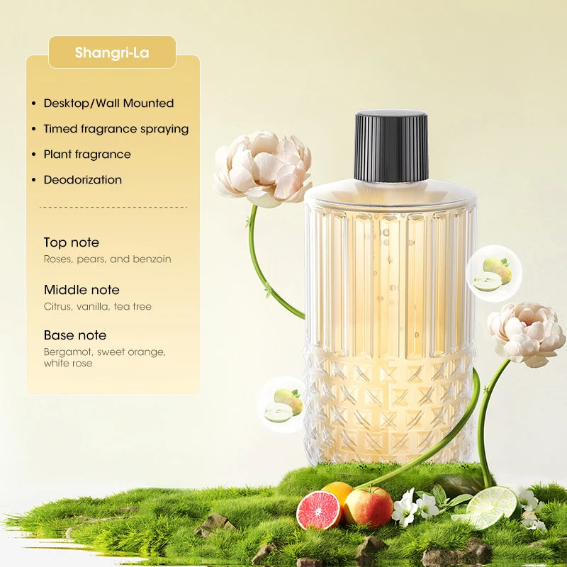 Essential oil diffuser displayed with Hilton fragrance bottle on yellow background.