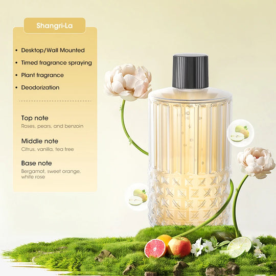 Essential oil diffuser displayed with Hilton fragrance bottle on yellow background.