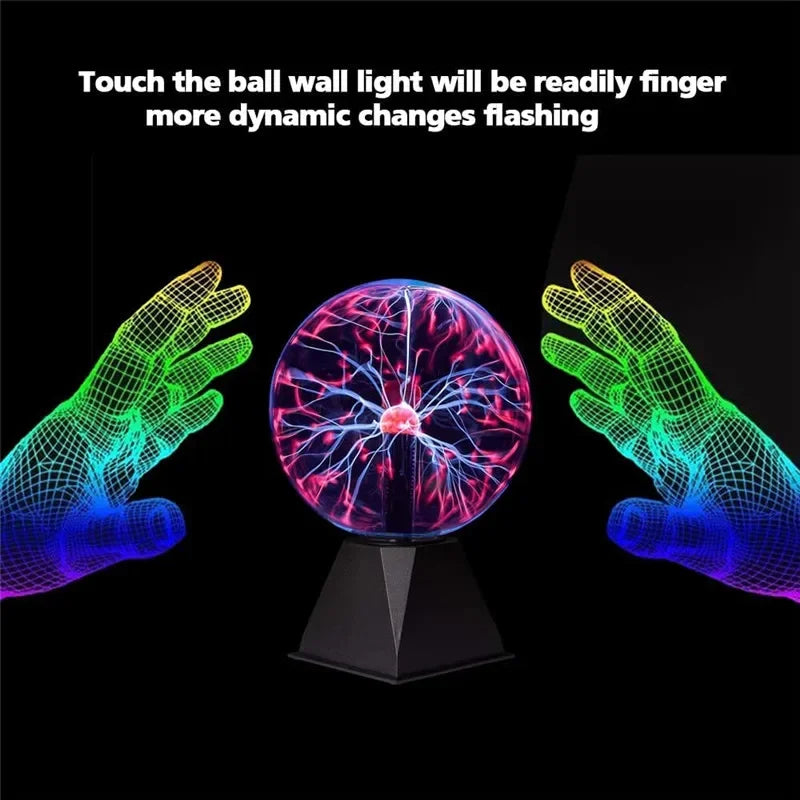 Hand hovering over plasma lamp with colorful electric streams reacting to touch.
