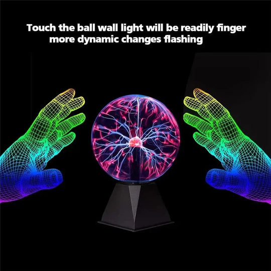 Hand hovering over plasma lamp with colorful electric streams reacting to touch.