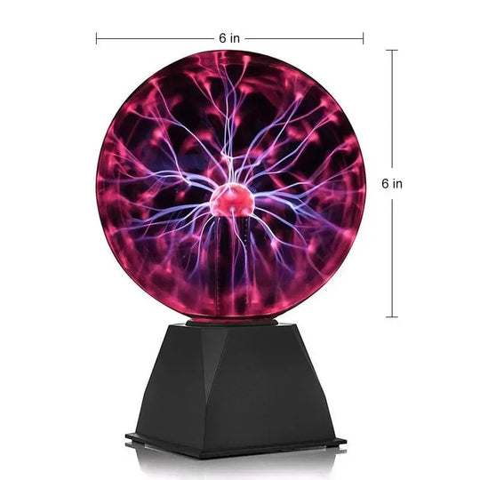 Plasma ball lamp on black base with measurement dimensions shown.