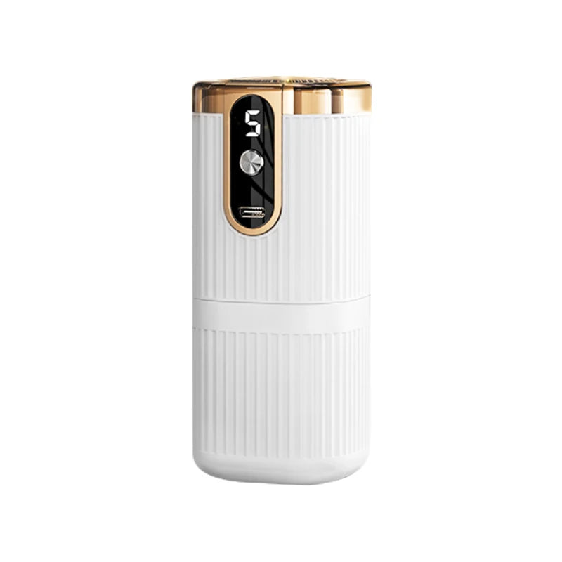 White smart essential oil diffuser with gold top, compact design for desktop or wall mount.
