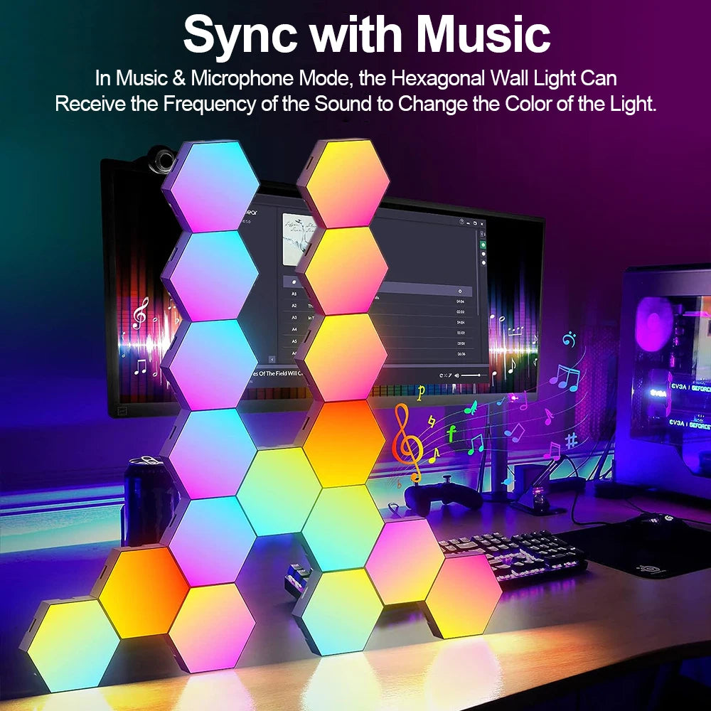 Smart RGB Hexagon Wall Lights - Modular Panels with Music Sync