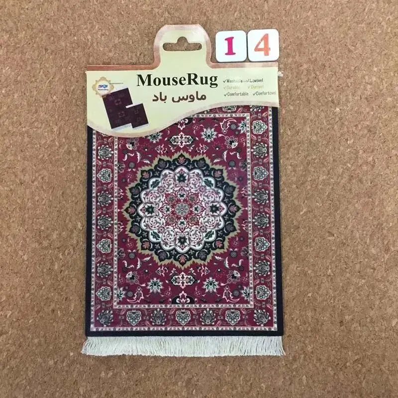 “MiniRug red traditional pattern mouse pad with product sticker on top