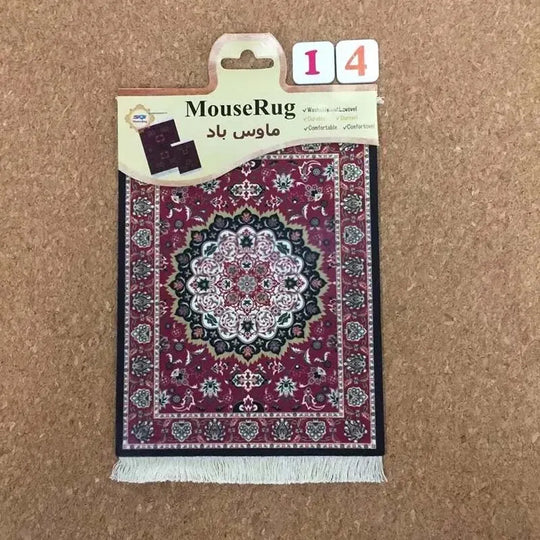 “MiniRug red traditional pattern mouse pad with product sticker on top