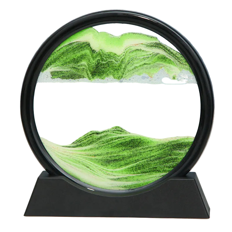 Green sand 3D moving sand picture, flowing quicksand design for desk or home décor.