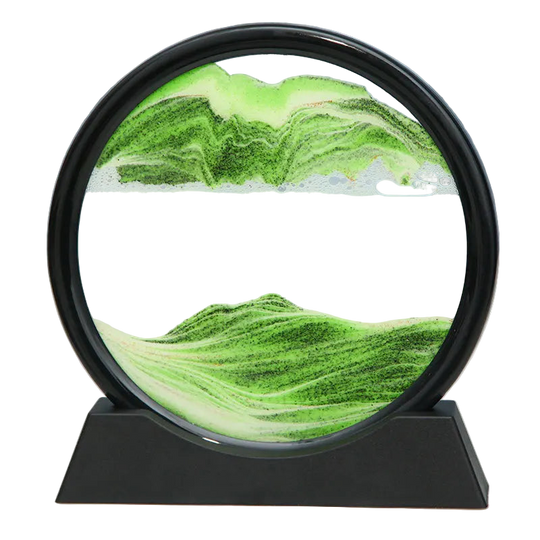 Green sand 3D moving sand picture, flowing quicksand design for desk or home décor.