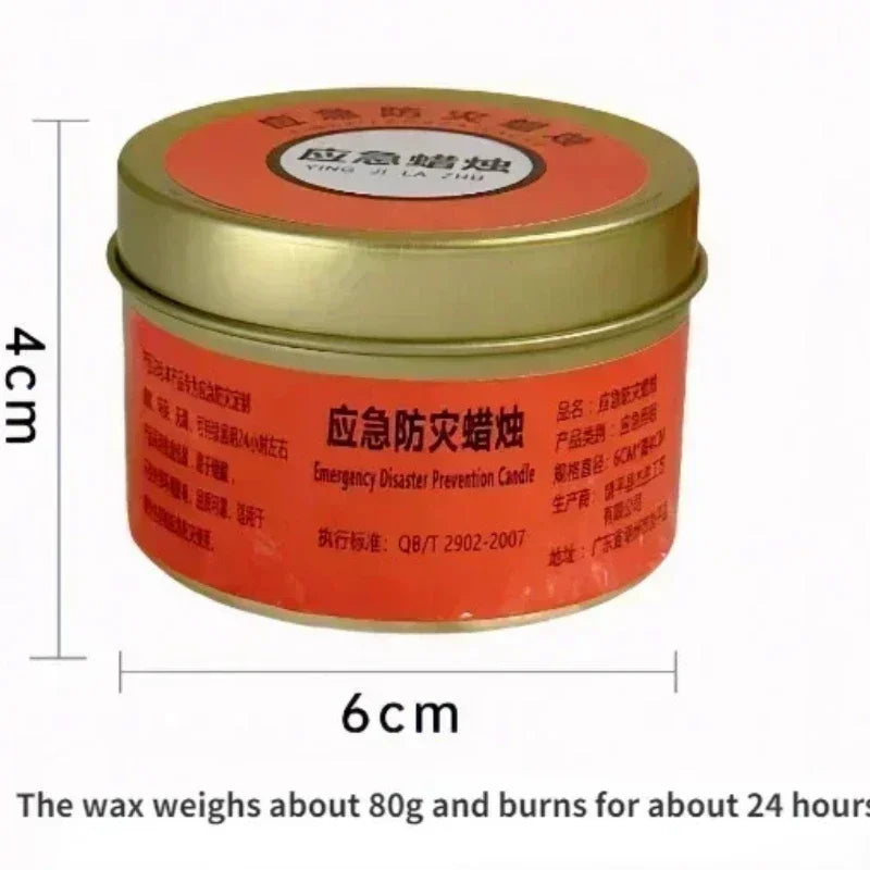 Single emergency candle tin with 6cm diameter and size details.