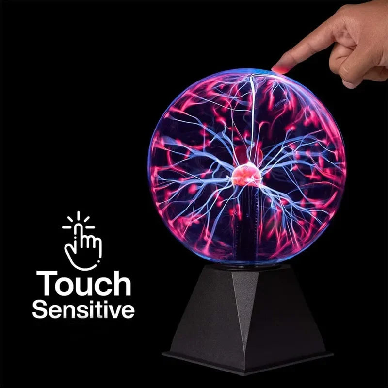 Touch-sensitive plasma ball lamp with glowing lightning arcs inside a glass sphere.