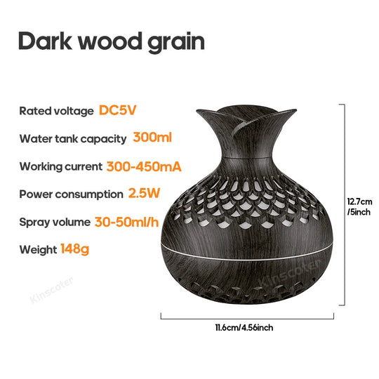 Dark wood grain flower humidifier with product details and dimensions.