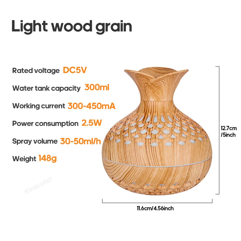Light wood grain flower humidifier with product specifications listed.