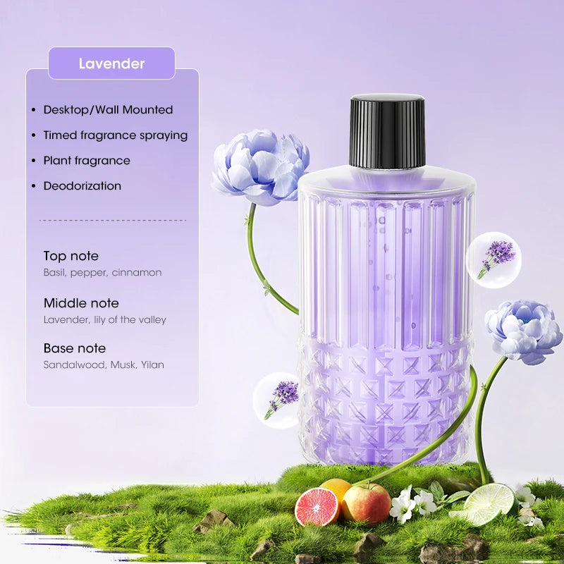 Essential oil diffuser paired with Lavender fragrance oil on purple background.