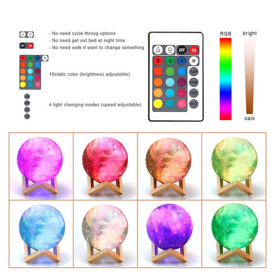 Multiple color options of 3D moon lamp with remote control shown.