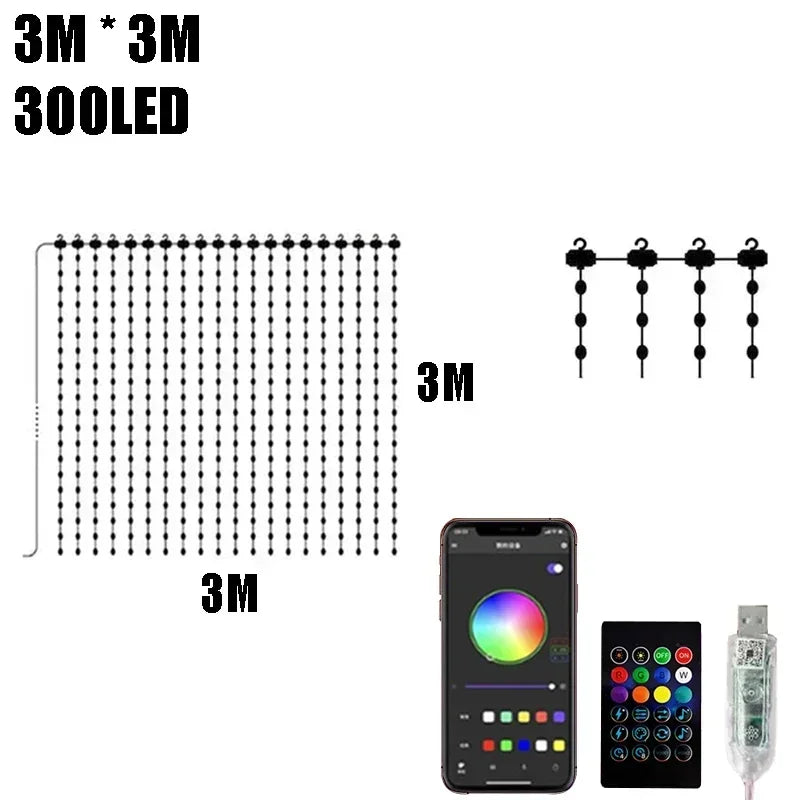3x3 meter 300 LED curtain lights diagram with remote, power plug, and smartphone app compatibility