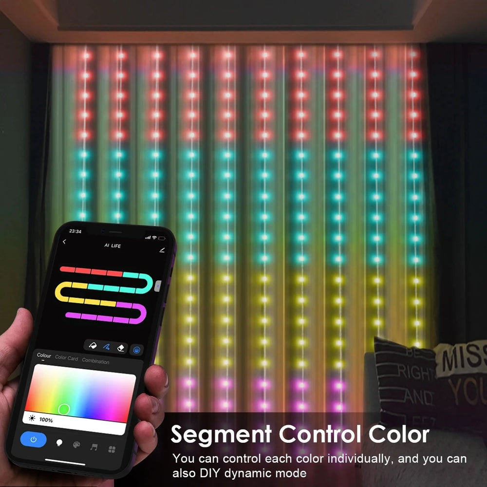 Smartphone app controlling segmented colors of LED curtain lights for custom room ambiance