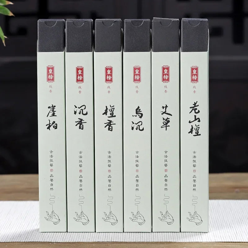 Six-box incense stick variety set with Chinese labels displayed upright on table