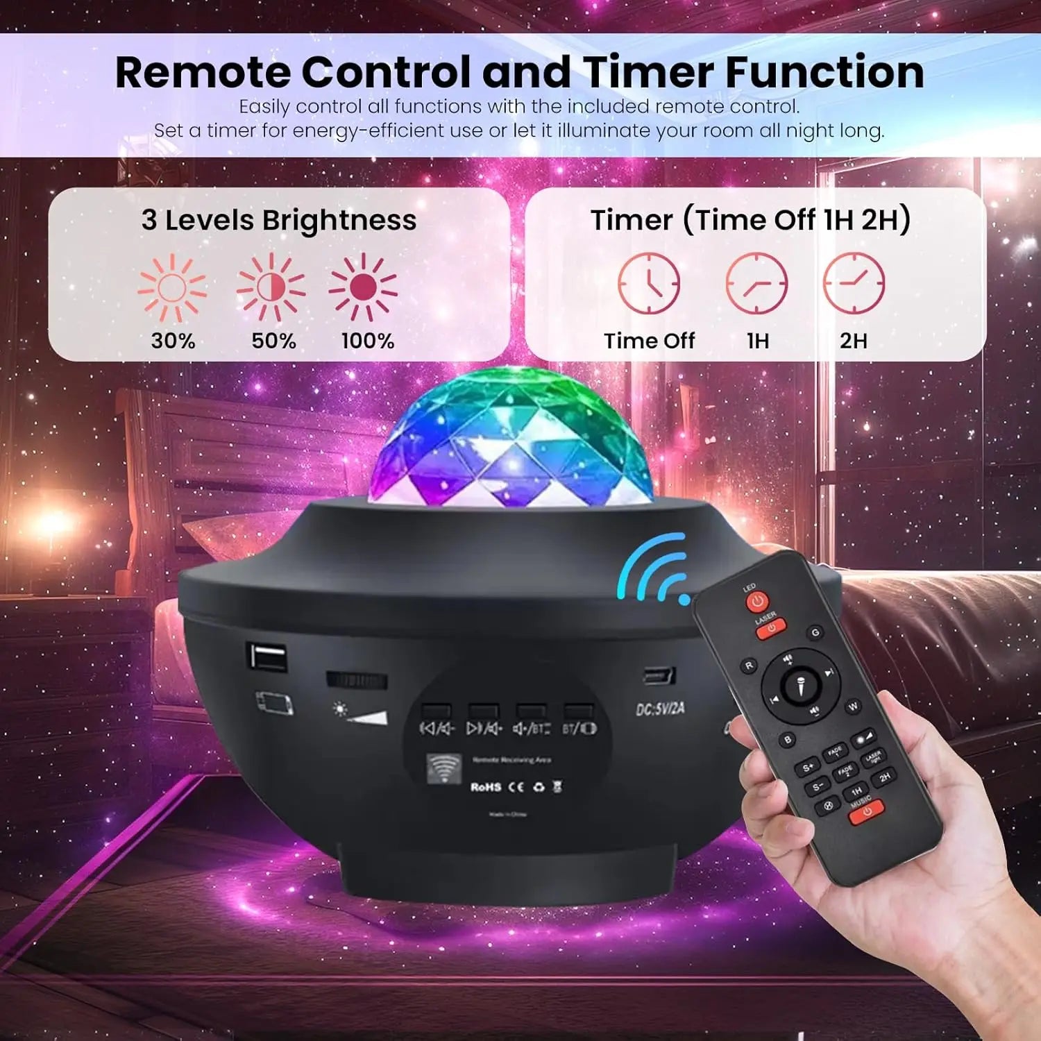 Star Projector Galaxy Sky – LED Nebula Cloud & Ocean Wave, Remote Control & Music Sync