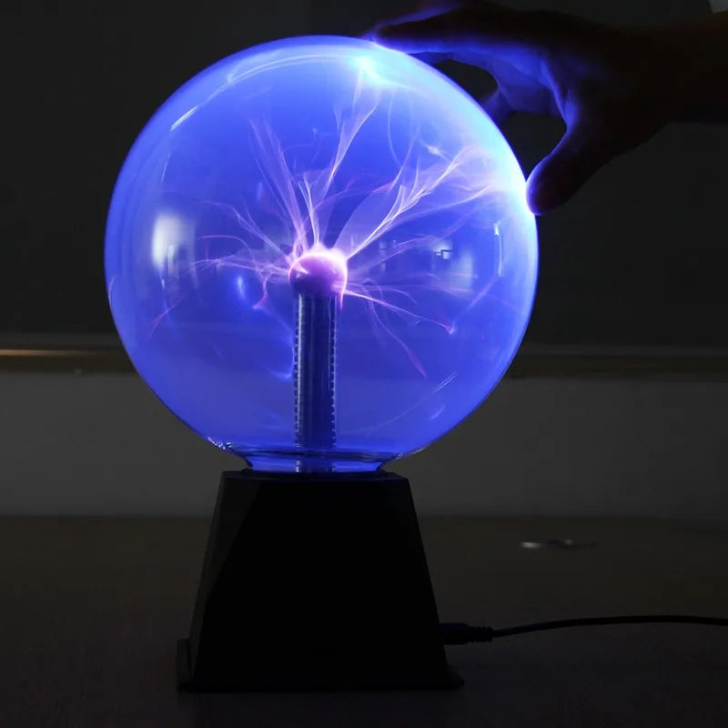 Plasma ball lamp on black base with measurement dimensions shown.