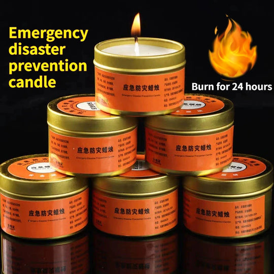Stack of emergency survival candles in metal tins, labeled burn for 24 hours.