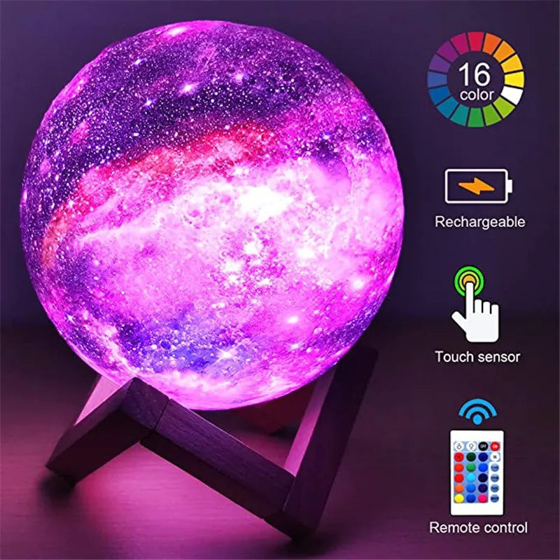 16-color rechargeable 3D moon lamp with remote and touch sensor controls.