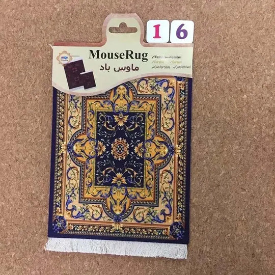 MiniRug mouse pad with blue and gold ornate geometric floral pattern, packaged with tag labeled #16