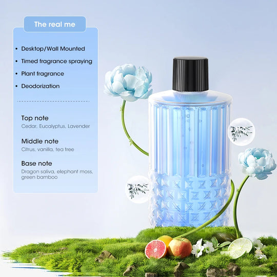 Essential oil diffuser shown with Shangri-La fragrance option on blue background.