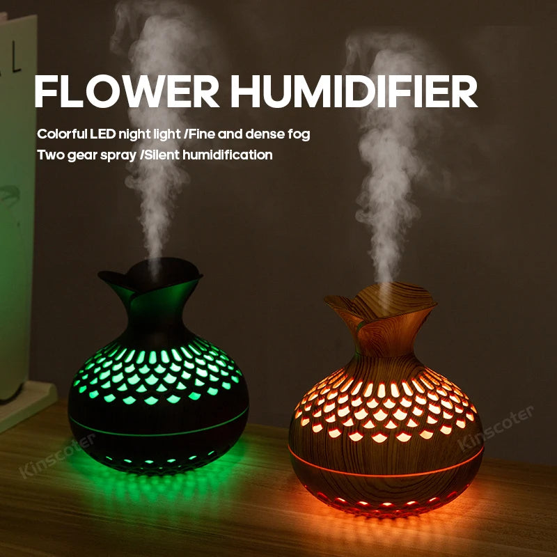 Flower-shaped wood grain humidifiers with colorful LED lights and mist spray.