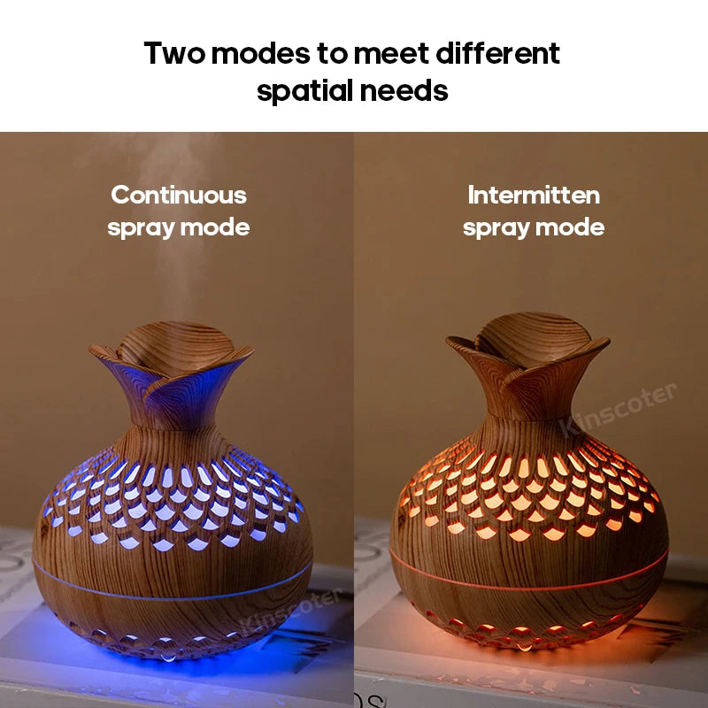 Two LED humidifiers showing different mist spray modes with glowing lights.