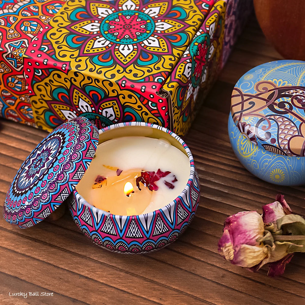 Boho-style candle with dried flowers and long-lasting aromatherapy scent.