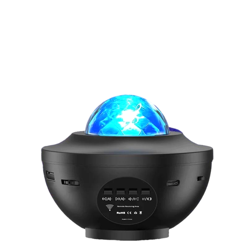 Black device with a blue light on a white background