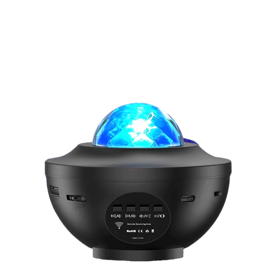 Black device with a blue light on a white background