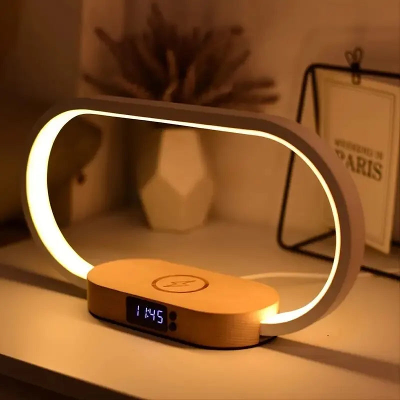 LumiDock Pro Wireless Charging Lamp – Wood Finish with LED Light On