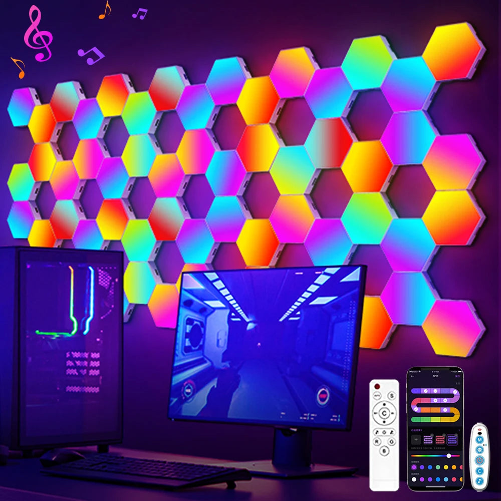 Smart RGB Hexagon Wall Lights - Modular Panels with Music Sync