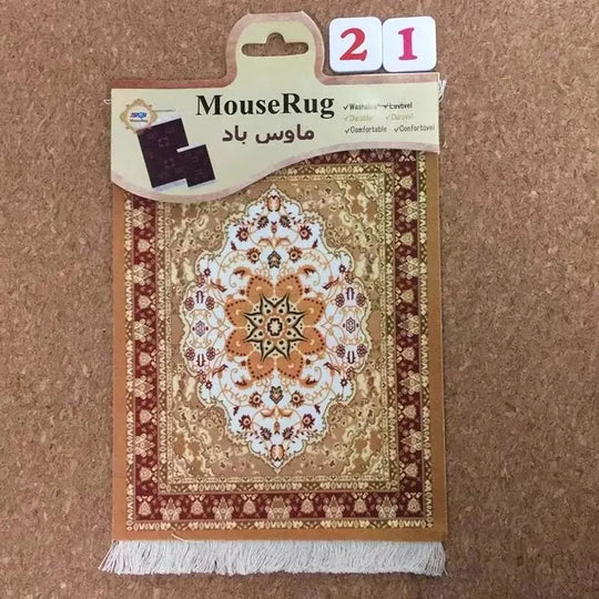 MiniRug mouse pad with gold, white, and red Persian carpet design in retail packaging labeled
