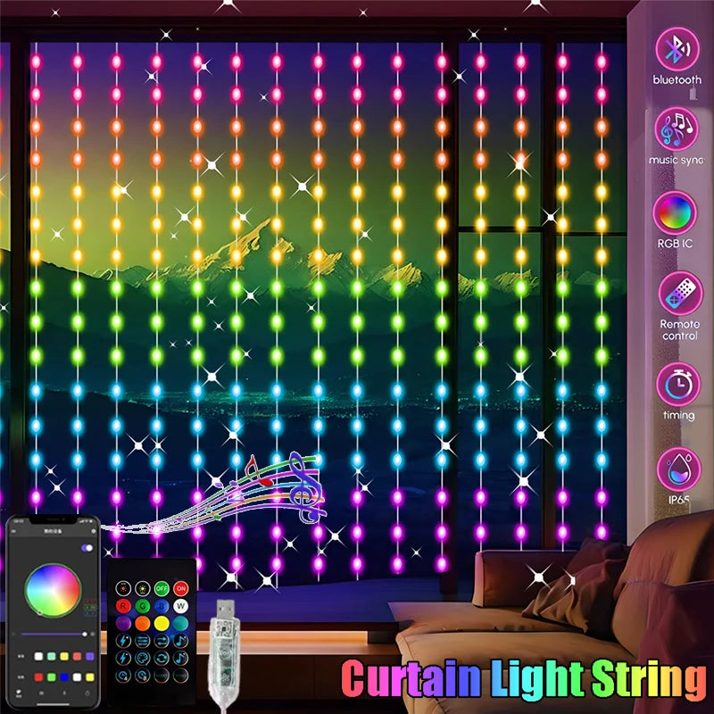 RGB LED curtain light string with app and remote control, creating rainbow lighting effect on window