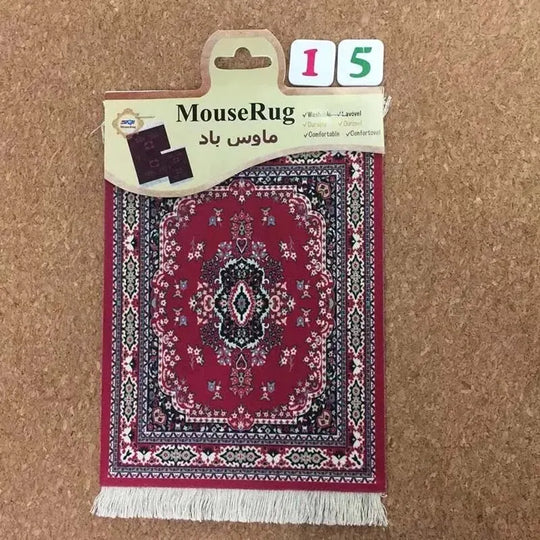 MiniRug mouse pad with red and black Persian medallion design, packaged with product label marked #15