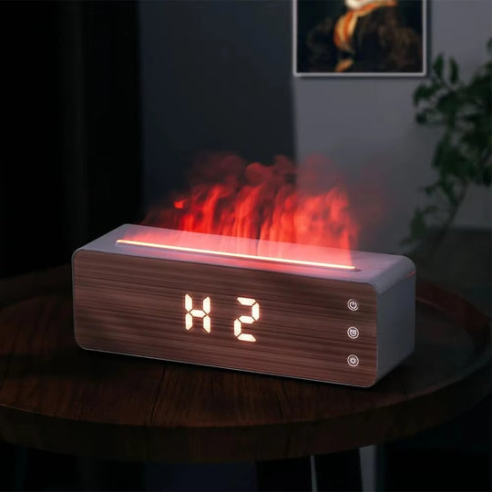 Side view of wood-textured HomeFlame diffuser on desk
